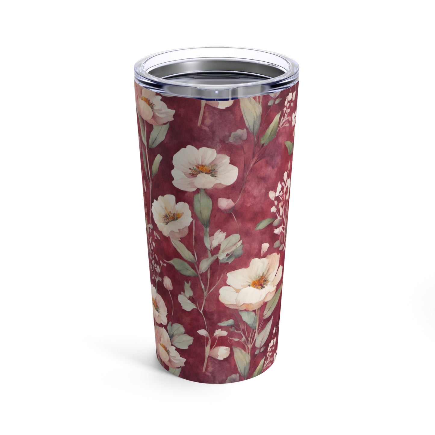 White Roses on Plum Red Tumbler 20oz