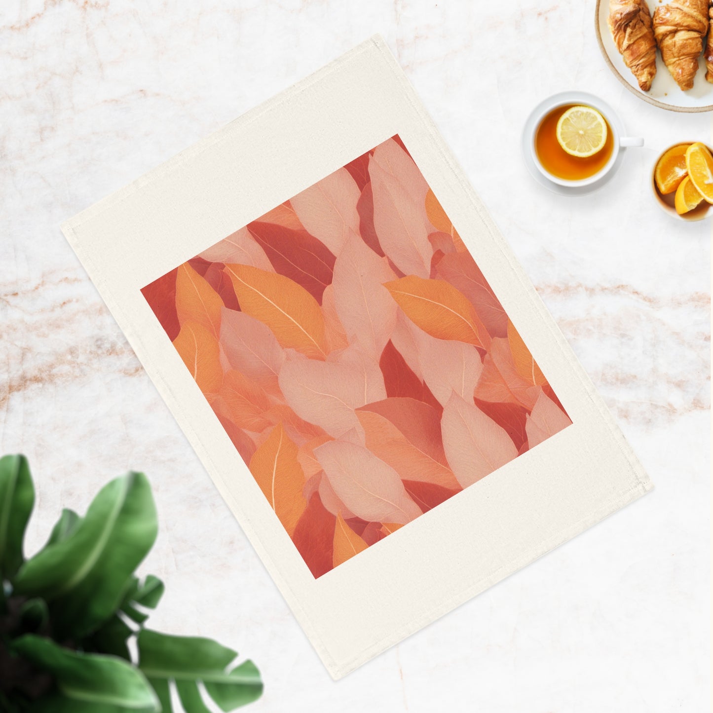 Soft Autumn Leaves in Pink, Red and Orange Cotton Tea Towel