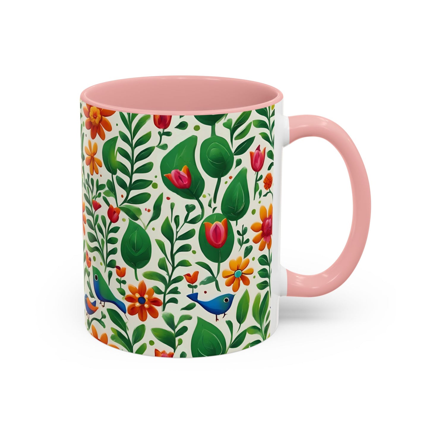 Bright Garden Birds, Leaves and Flowers Coffee Mug, 11oz