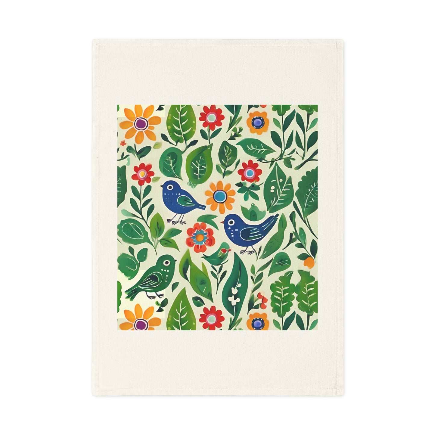 Bright Birds, Bright Green Leaves, Bright Flowers, Folk Art Cotton Tea Towel