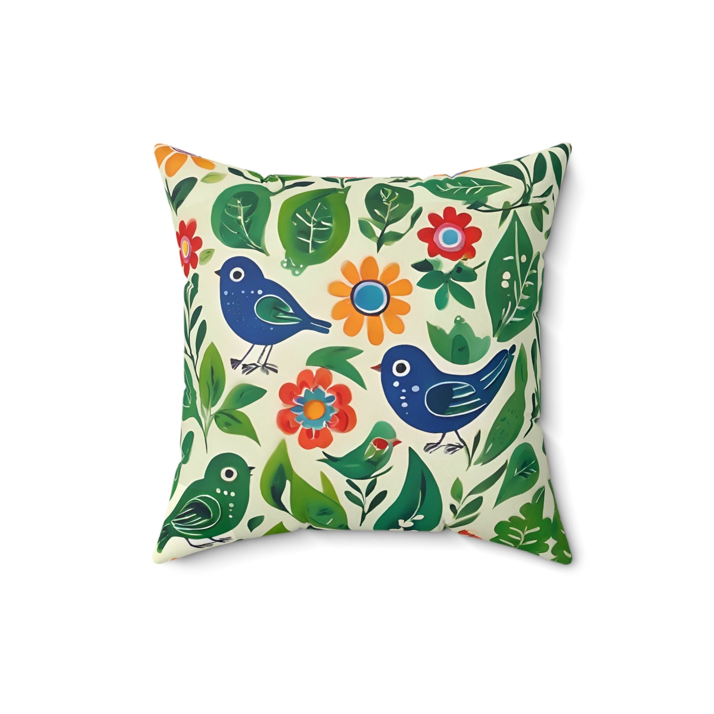 Bright Birds, Bright Green Leaves, Bright Flowers, Folk Art Polyester Square Pillow