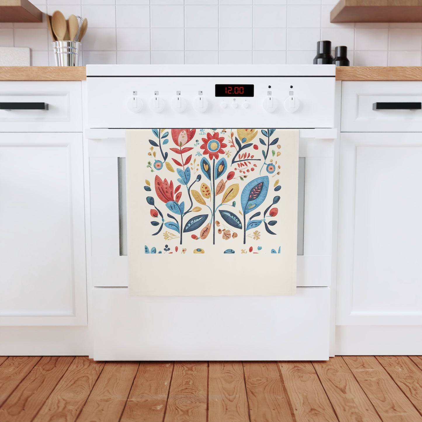 Bright and Colourful Folk Art Flowers, Cotton Tea Towel