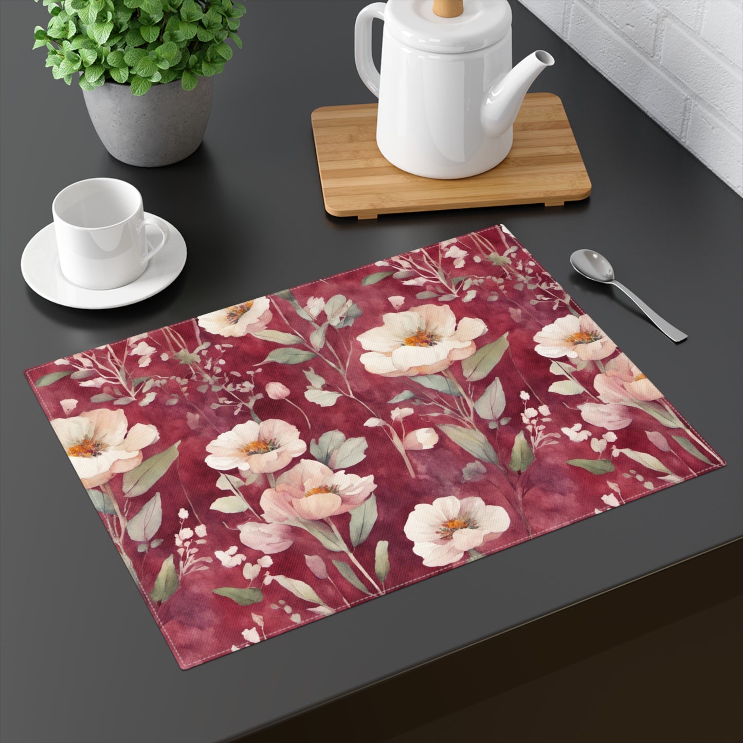 White Roses on Plum Red Placemat, 1pc