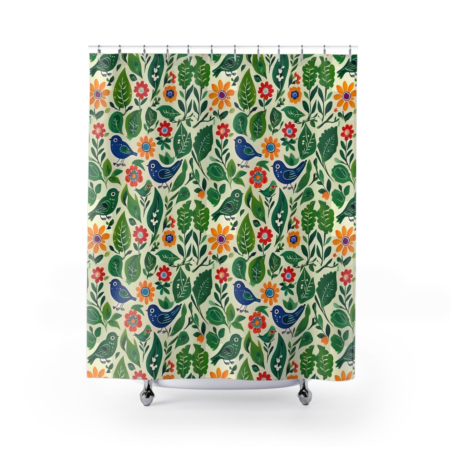 Bright Birds, Bright Green Leaves, Bright Flowers, Folk Art Shower Curtains