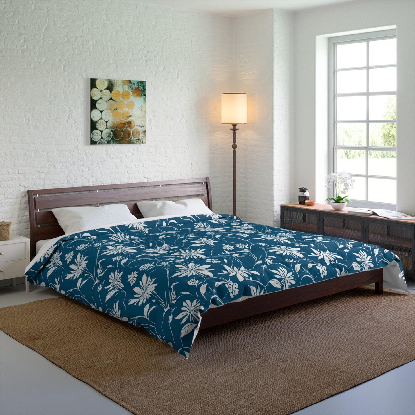 Simple White Flower on Dark Teal Pattern Comforter