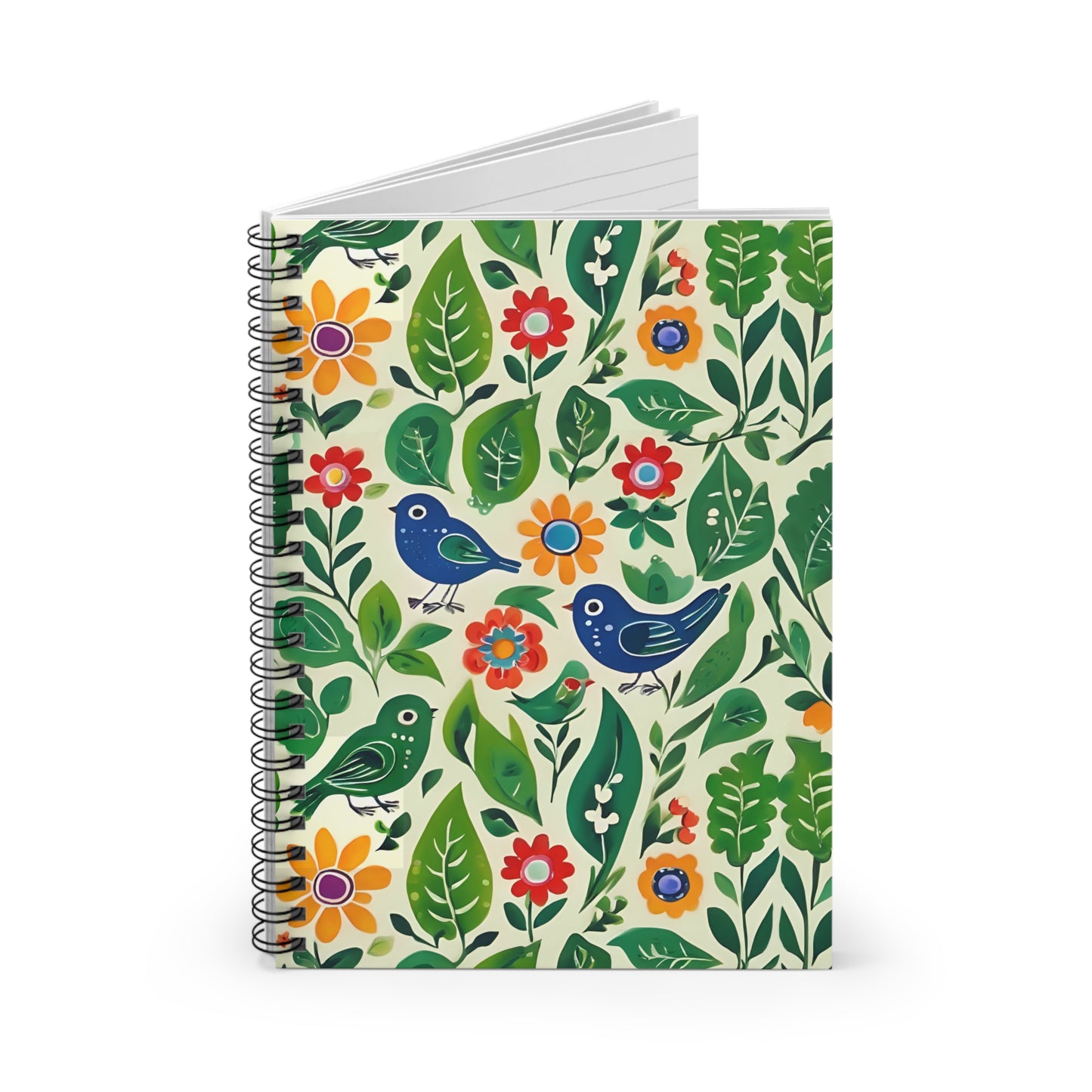 Bright Birds, Bright Green Leaves, Bright Flowers, Folk Art Spiral Notebook - Ruled Line