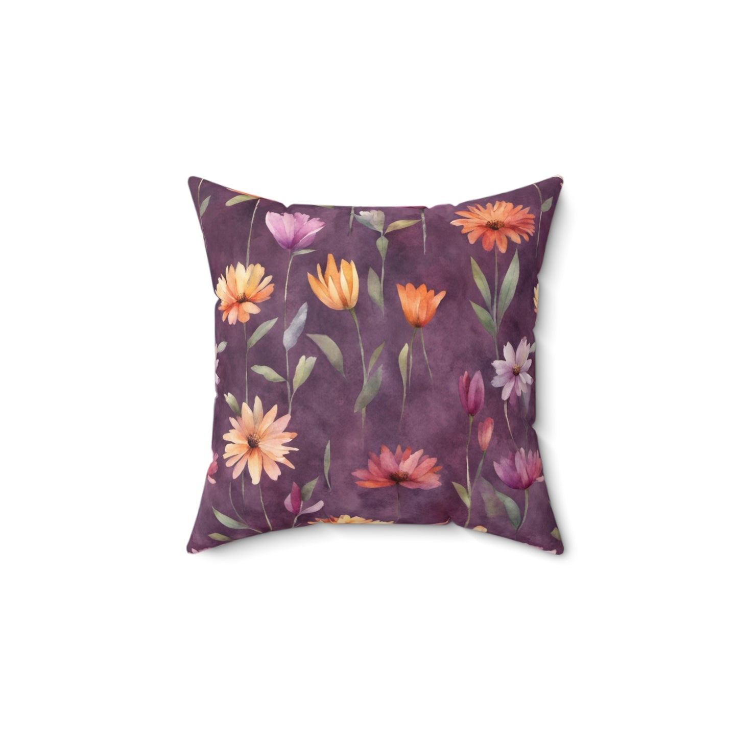 Wild Flowers on Plum Polyester Square Pillow