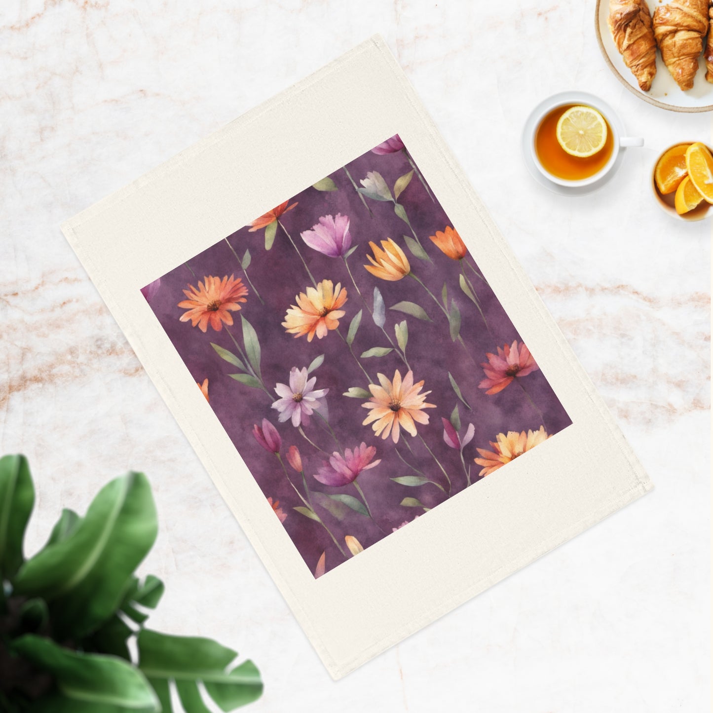 Wild Flowers on Plum Cotton Tea Towel