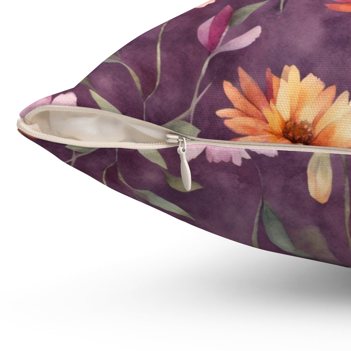 Wild Flowers on Plum Polyester Square Pillow