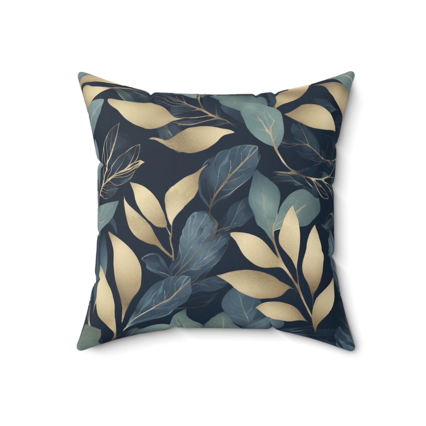 Green, Gold and Teal Leaves on Indigo Polyester Square Pillow