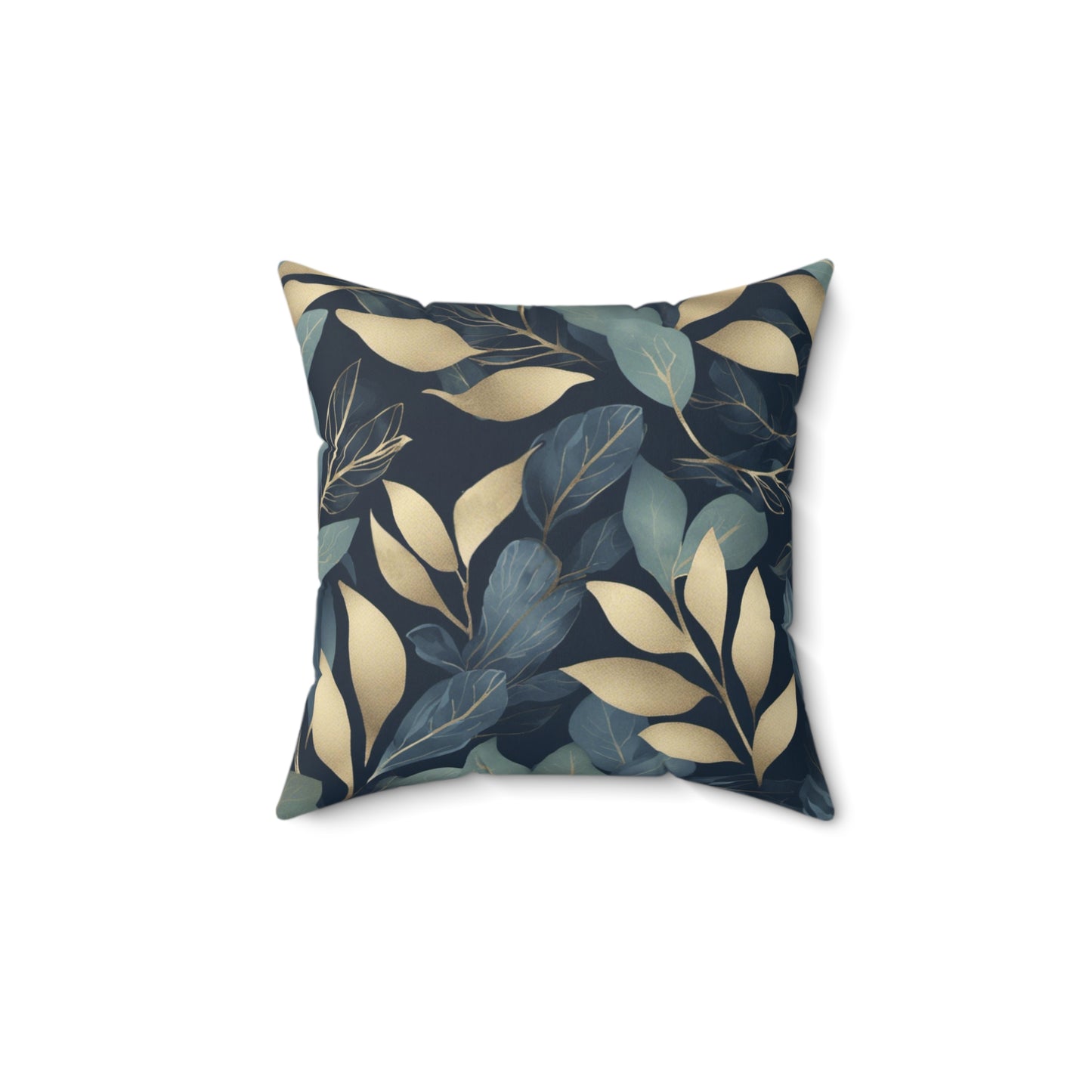 Green, Gold and Teal Leaves on Indigo Polyester Square Pillow